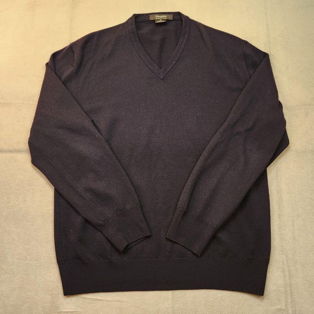 Giorgiolini 100% Extra Fine Merino Wool Sweater Men M Navy V-Neck Pullover Italy